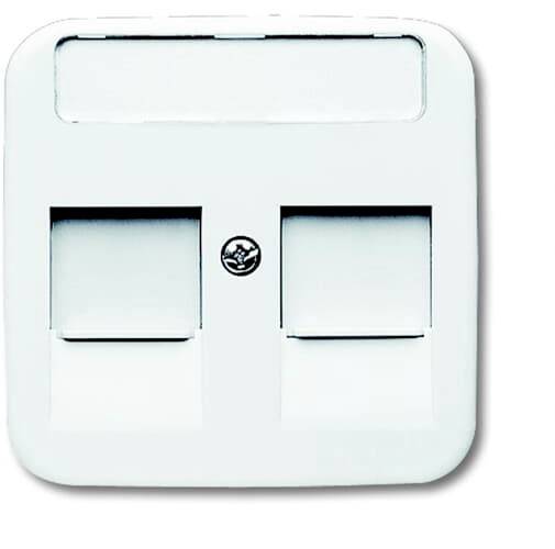 Dubbel nätverksuttag med vitt hölje, två portar och lock. Lämplig för organisering av nätverkskablar.