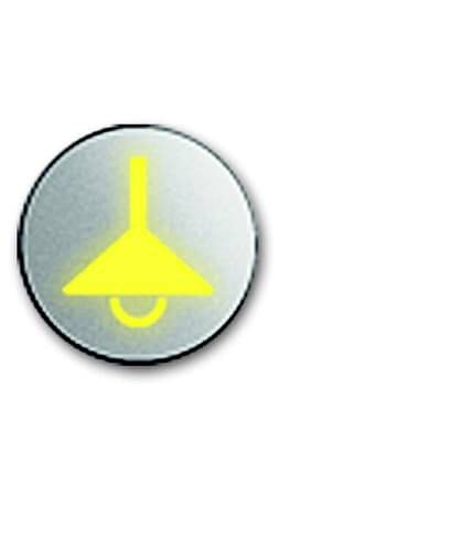 En grå rund knapp med en gul symbol som påminner om en tratt, på en vit bakgrund.
