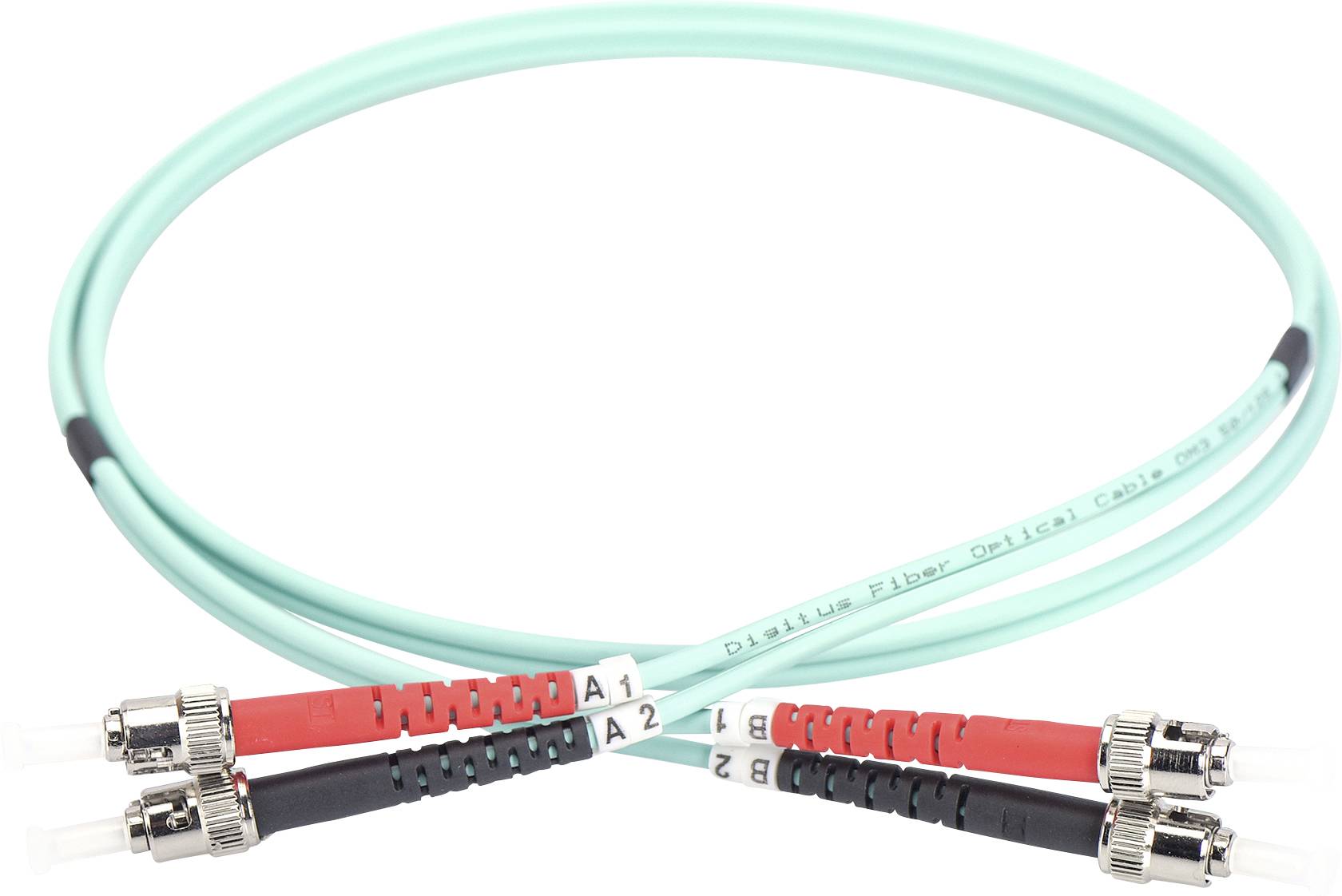 Glasfiberkabel med två kontakter i varje ände, märkta med 'A1', 'A2', 'B1', 'B2'. Mintgrönt kabel för dataöverföring.