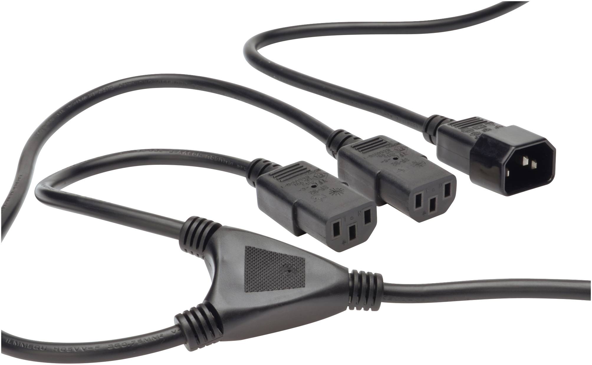 Elektriskt Y-kabel med en hane och två honor. Lämplig för anslutning av flera enheter.