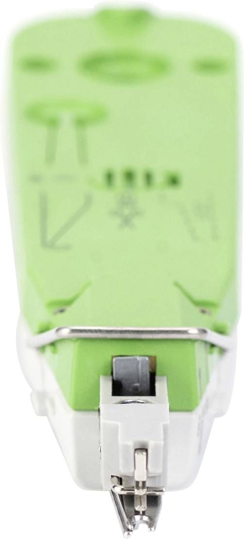 Grön kabel-avbitare eller kabelverktyg med metallspets och symboler på ovansidan, avsedd för tekniska tillämpningar.