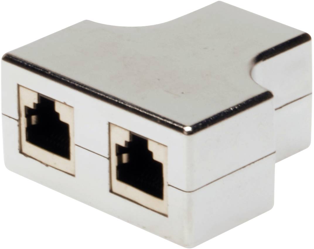 En silverfärgad Ethernet-splitter med två RJ45-portar som möjliggör anslutning av två enheter till ett nätverk via en enskild kabel.