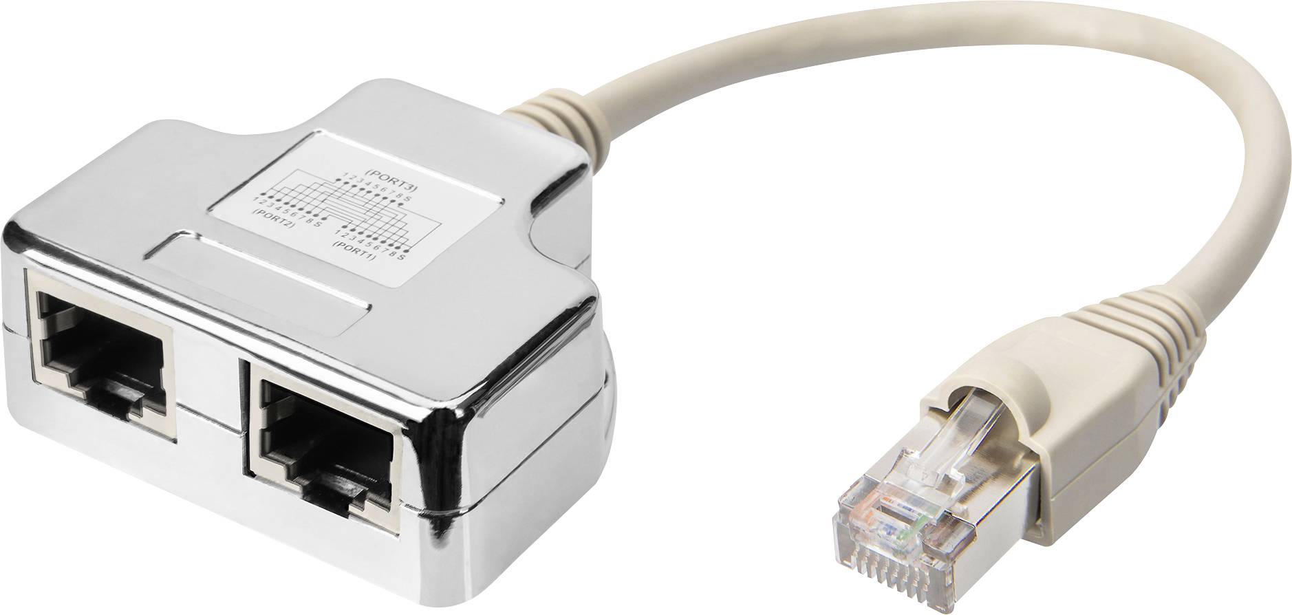 En silver Ethernet-splitter med två ingångsportar och en utgångskabel som avslutas med en RJ45-kontakt.