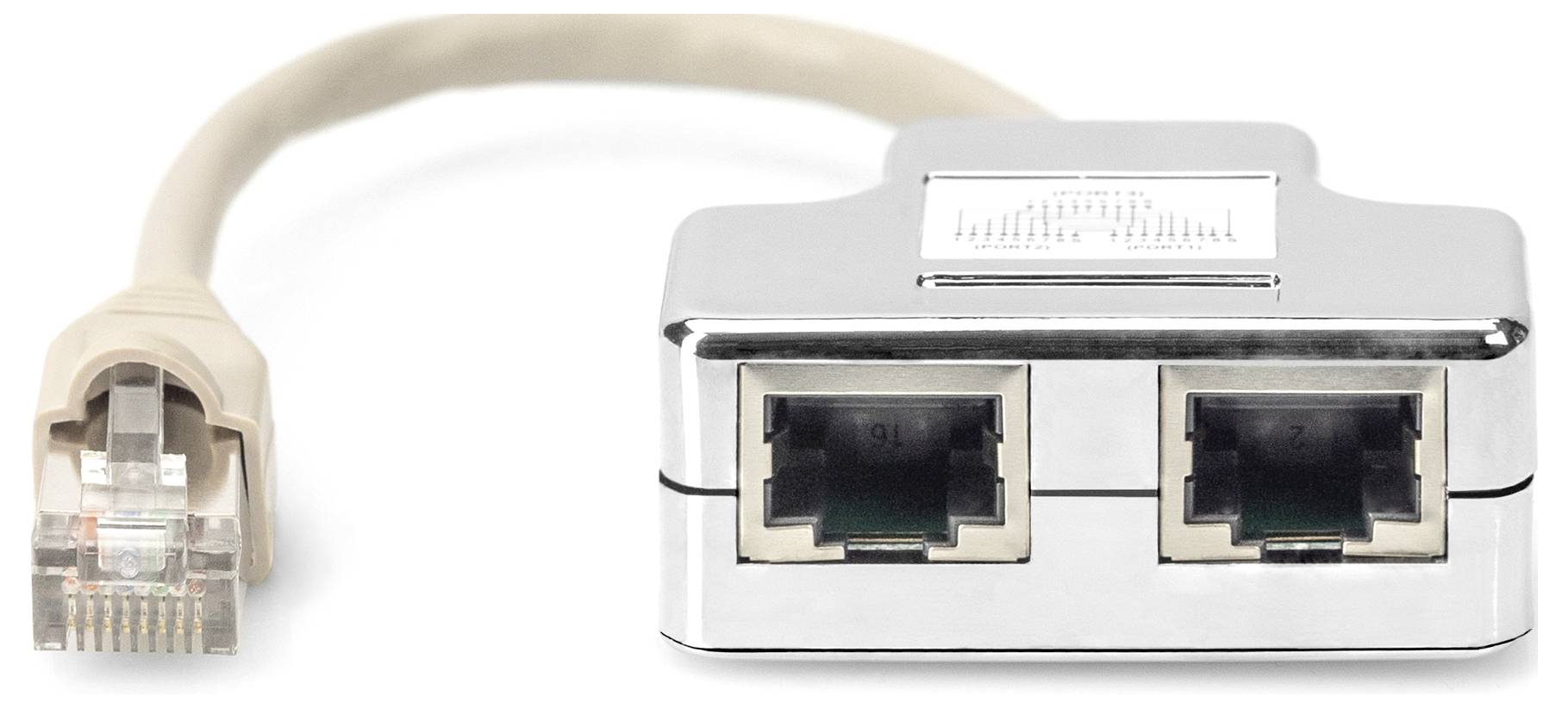 En Ethernet-splitter med en kabelkontakt och två anslutningsuttag möjliggör anslutning av två enheter till ett nätverk.