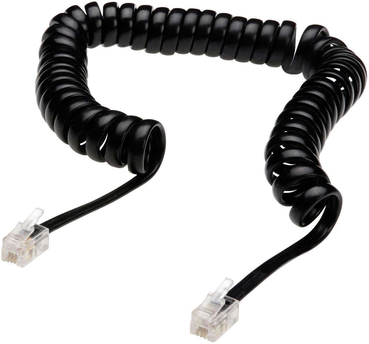 Svart, spiralformat telefonkabel med två RJ11-kontakter i ändarna, används för fast telefoni.