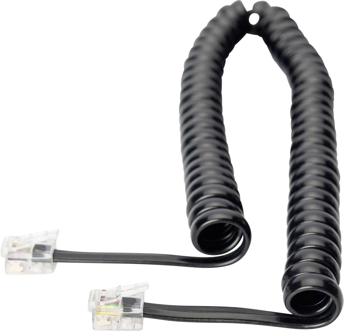 Svart, spiralformat telefonkabel med två transparenta kontakter i ändarna.