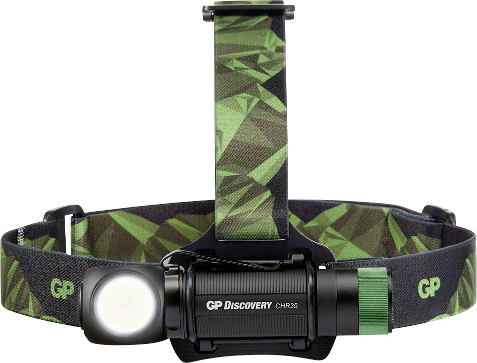 Pannlampa med grönt mönstrat pannband och lysande LED-ljus, märkt med 'GP Discovery CHR35'.