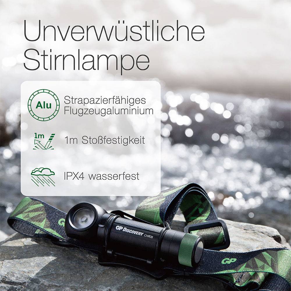 'Outslitbar pannlampa' i mitten, med symboler: 'Alu - Slitstark flygplansaluminium', '1m stötfasthet', 'IPX4 vattentät'. Pannlampa nedtill med grönt band.