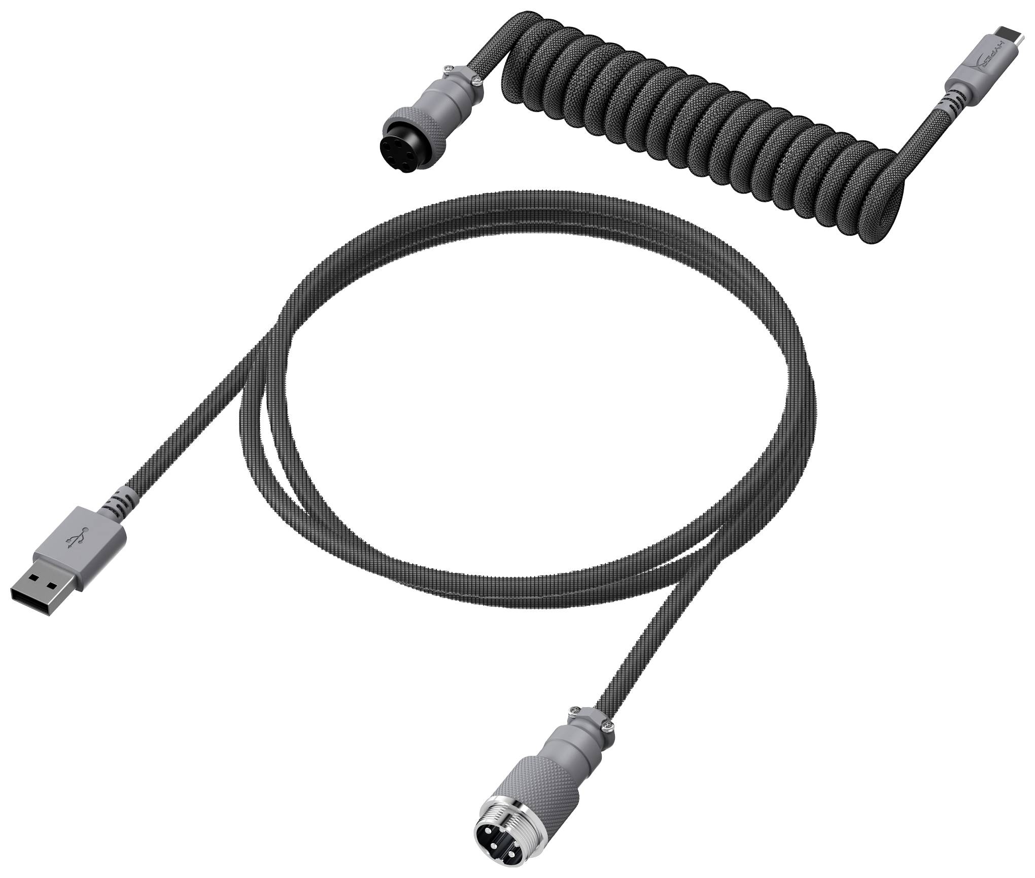 Två grå kablar med kontakter. Den övre är spiralformad, den undre är rak med en USB-anslutning och en rund metallkontakt.