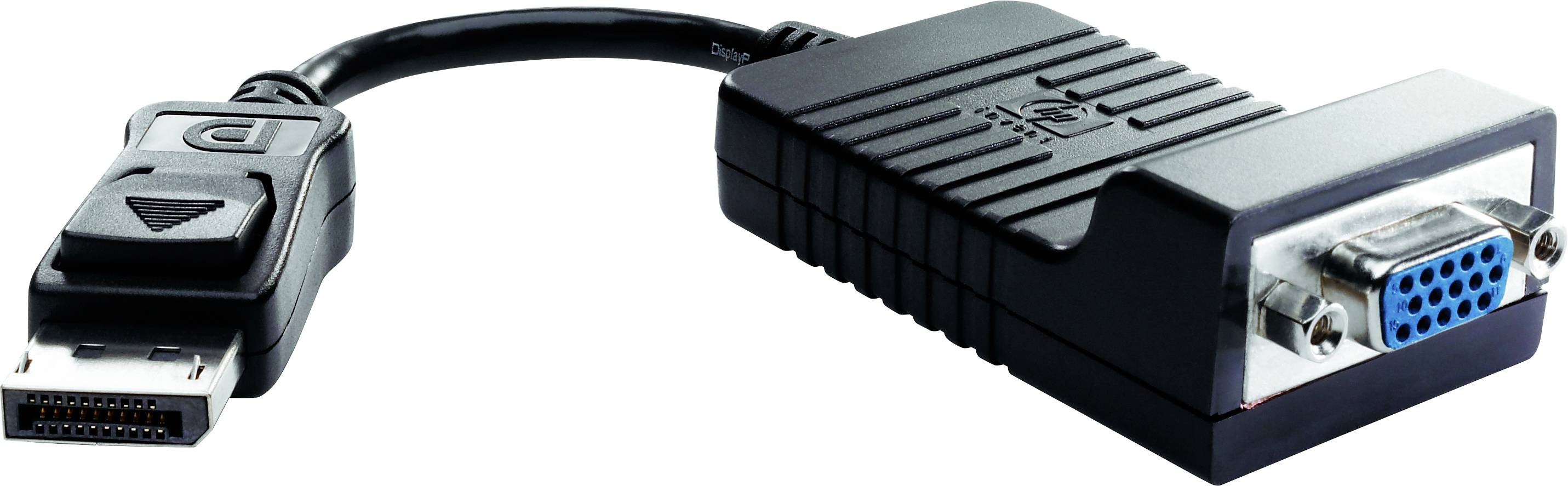 'En svart adapter, med DisplayPort-anslutning till vänster och VGA-anslutning till höger, för att ansluta enheter med olika kontakter.'