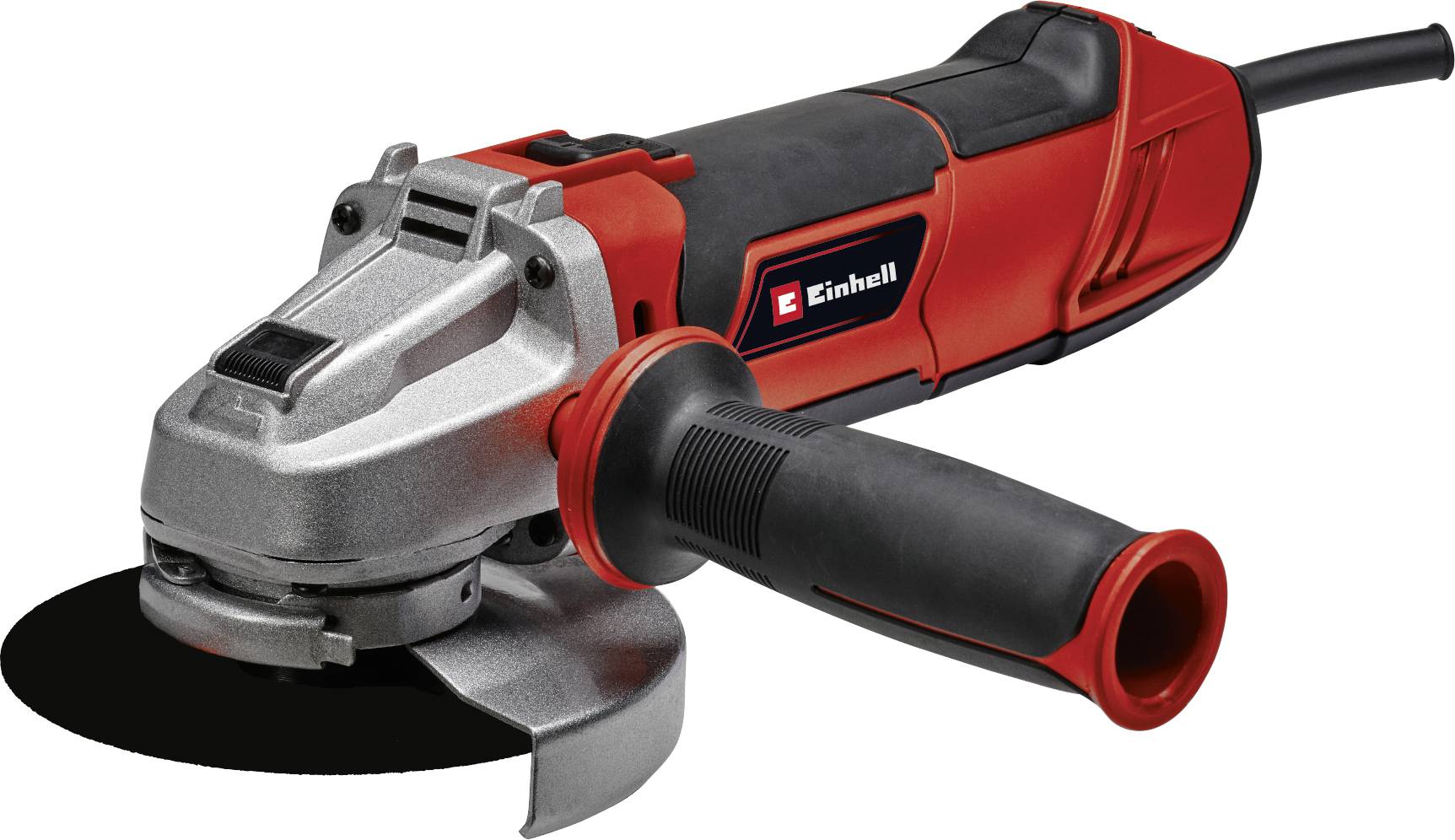 En röd och svart vinkelslipmaskin med ergonomiskt handtag och skyddsavskärmning, lämplig för skärning och slipning av material.