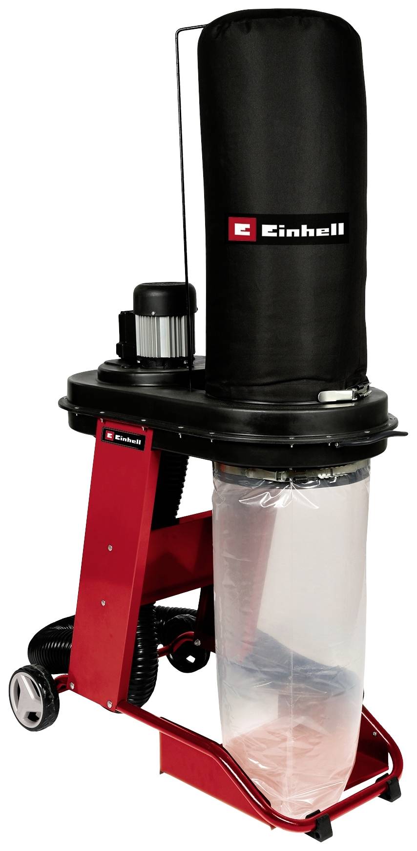 Einhell dammsugare med svart filterpåse upptill och transparent uppsamlingspåse nedtill, monterad på ett rött stativ med hjul.