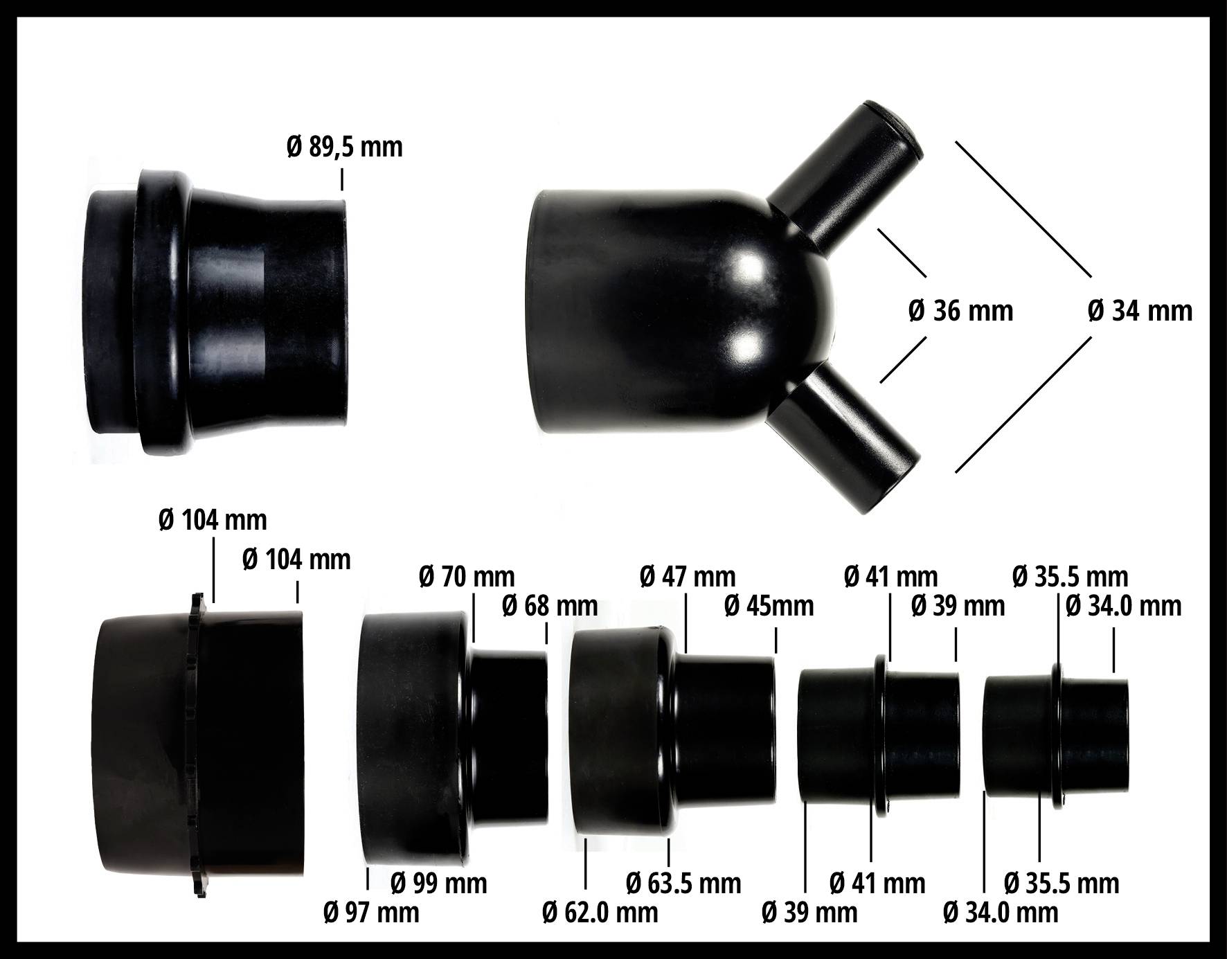Olika svarta gummiföreningar med diameter från 34 mm till 104 mm, placerade bredvid varandra. Frontvy, måttangivelser angivna.