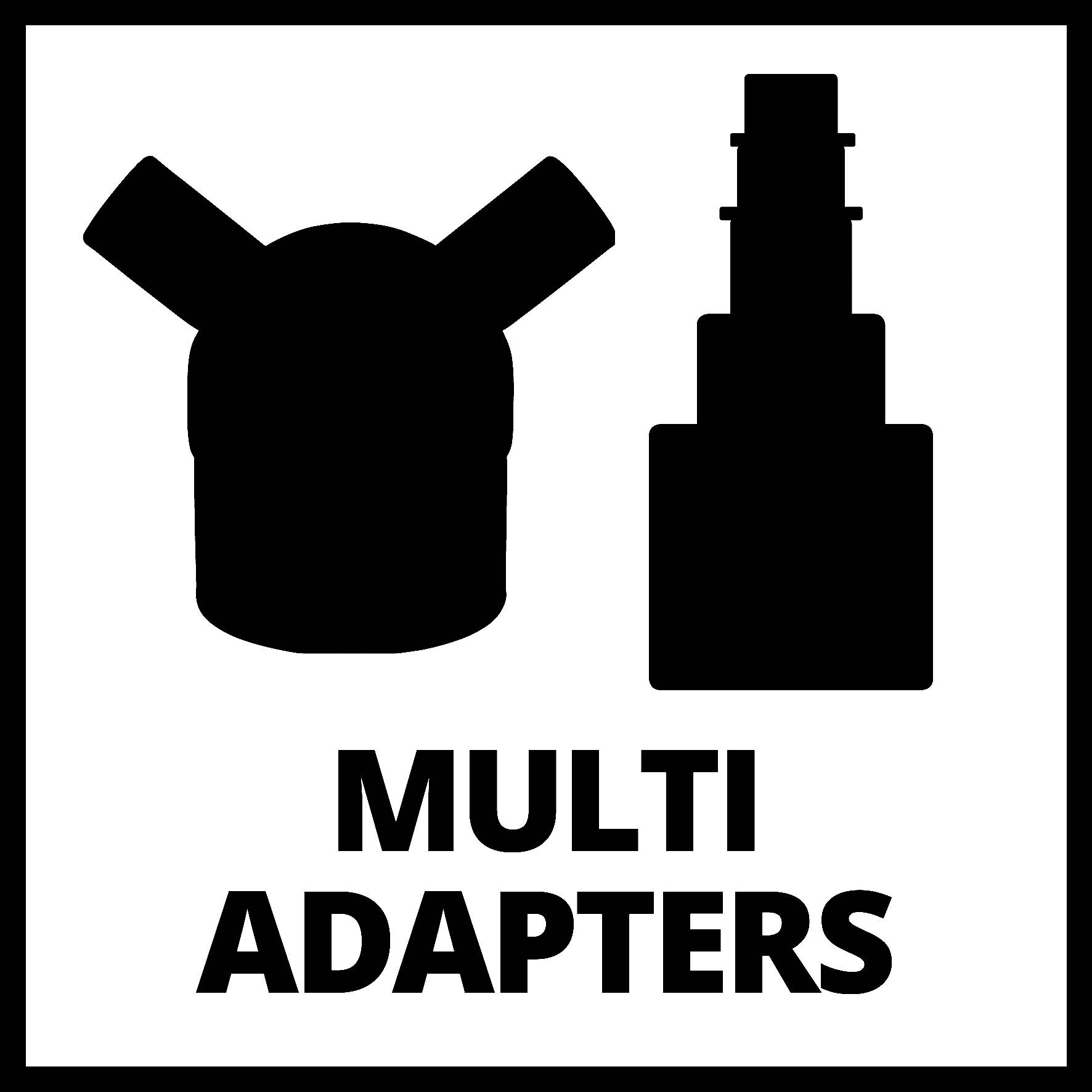 'Multiadaptrar': Två svarta adaptrar-symboler på vit bakgrund; en med två anslutningar, den andra vertikalt staplade.
