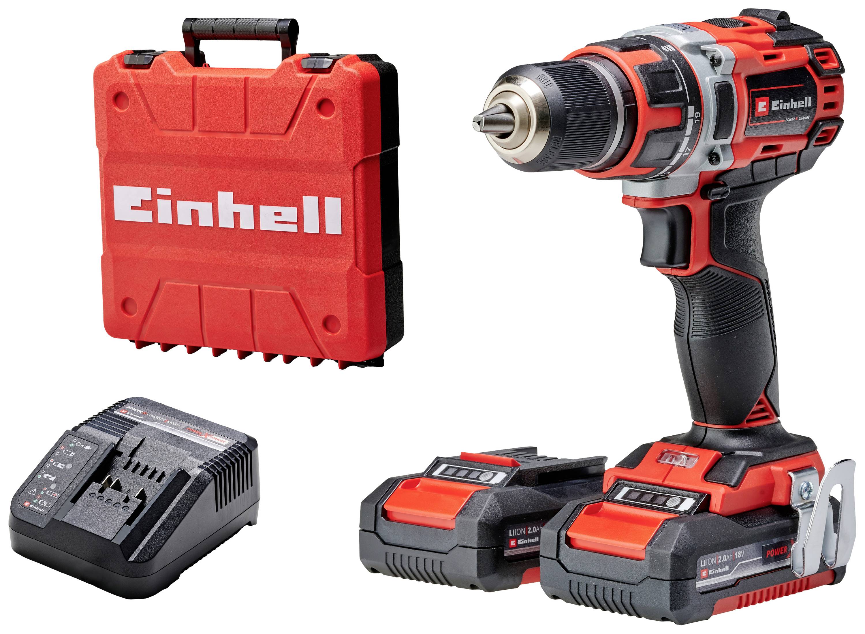 Skruvdragarsats med två batterier, en laddare och en röd väska märkt 'Einhell'. Perfekt för DIY-projekt.