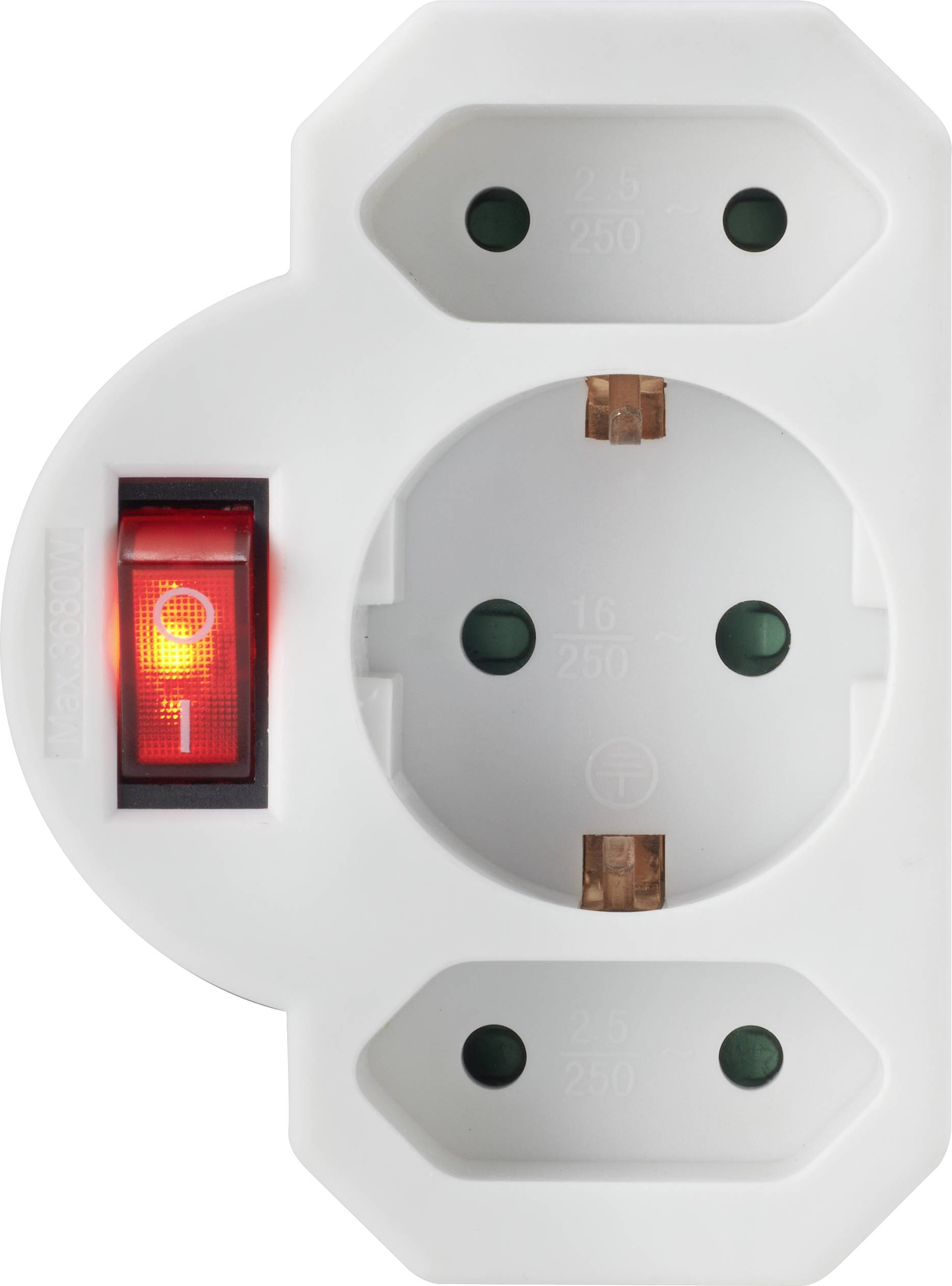 Tredubbelt uttag med på/av-switch. Switchen lyser rött och indikerar att strömmen är påslagen.