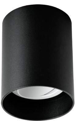 En cylinderformad, svart taklampa med modernt design som ger ett varmt, riktat ljus nedåt.