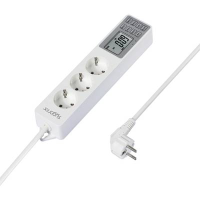 En vit grenuttag med tre uttag och en digital display som visar energiförbrukning.