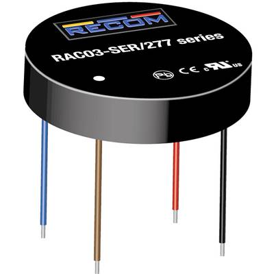 Rund elektrisk komponent märkt 'RECOM RAC03-SER/277 series'. Fyra stift i olika färger sticker ut.