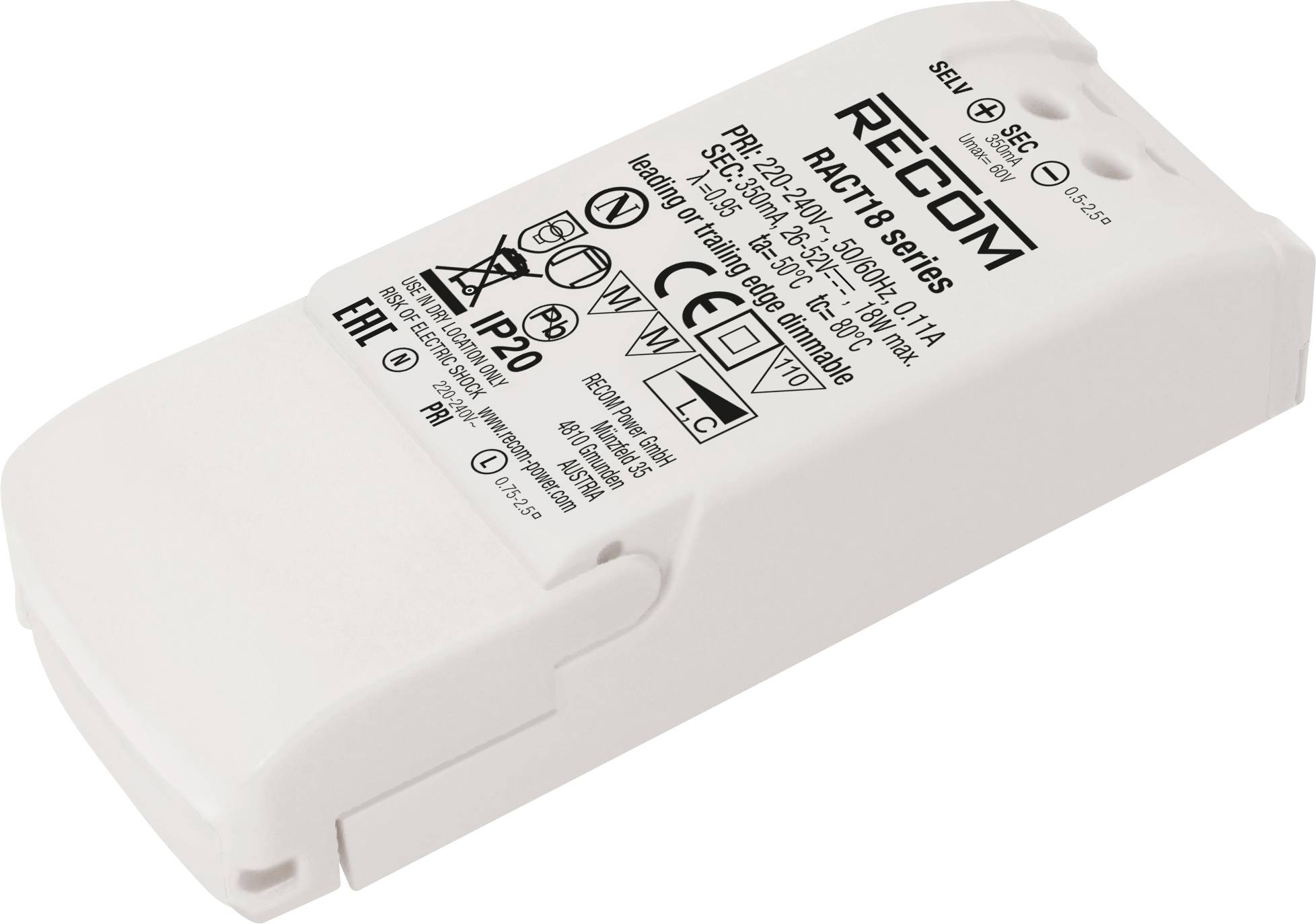 En rektangulär elektrisk apparat med tekniska specifikationer och symboler på ytan. Lämplig för professionella tillämpningar inom elektronik.