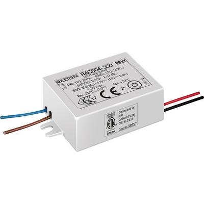 Elektronisk LED-driver RACD04-350 med kablar för anslutning. Lämpad för spänningsomvandling mellan 100-240V AC och 350mA DC.