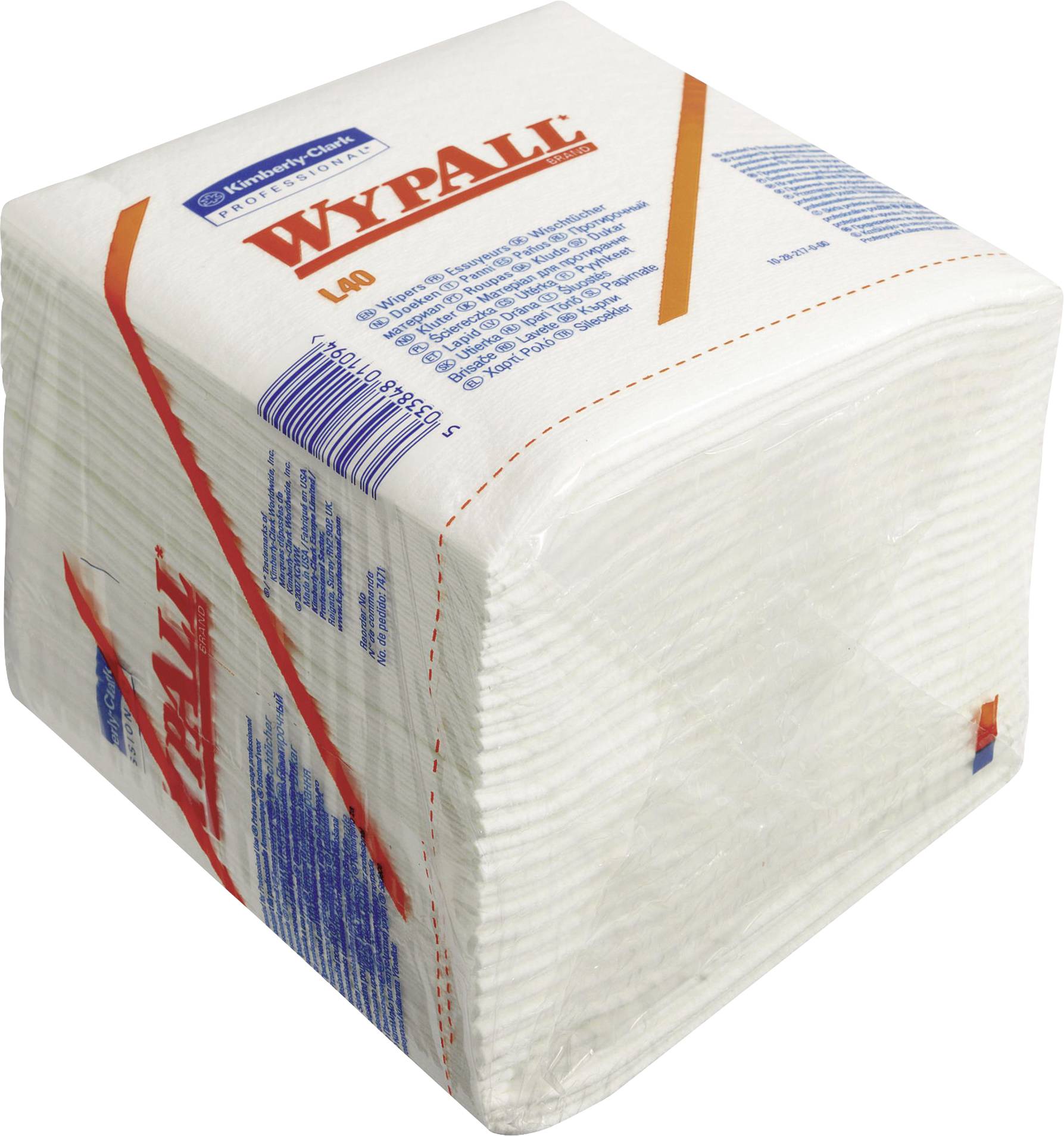 En förpackning 'WypAll' dukar från Kimberly-Clark, 140 stycken. Vita, kvadratiska rengöringsdukar, förpackade i plast, för rengöring.