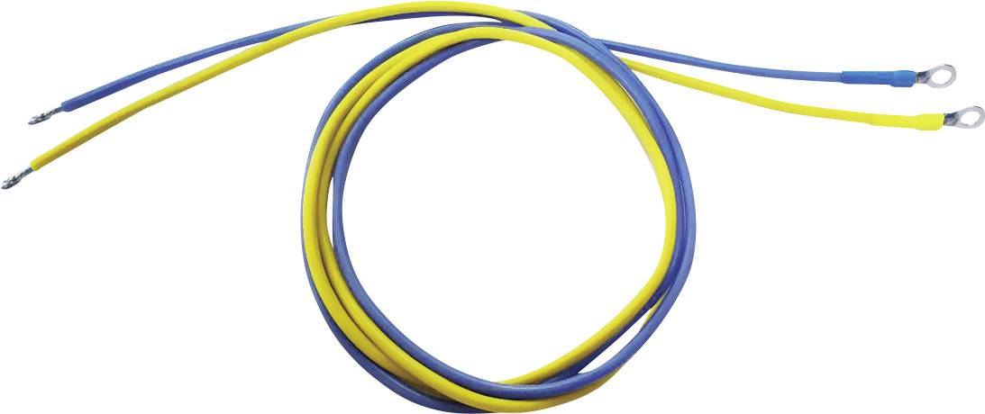 Två kablar, en blå och en gul, med öglor i ändarna, ligger spiralformat på en vit yta.