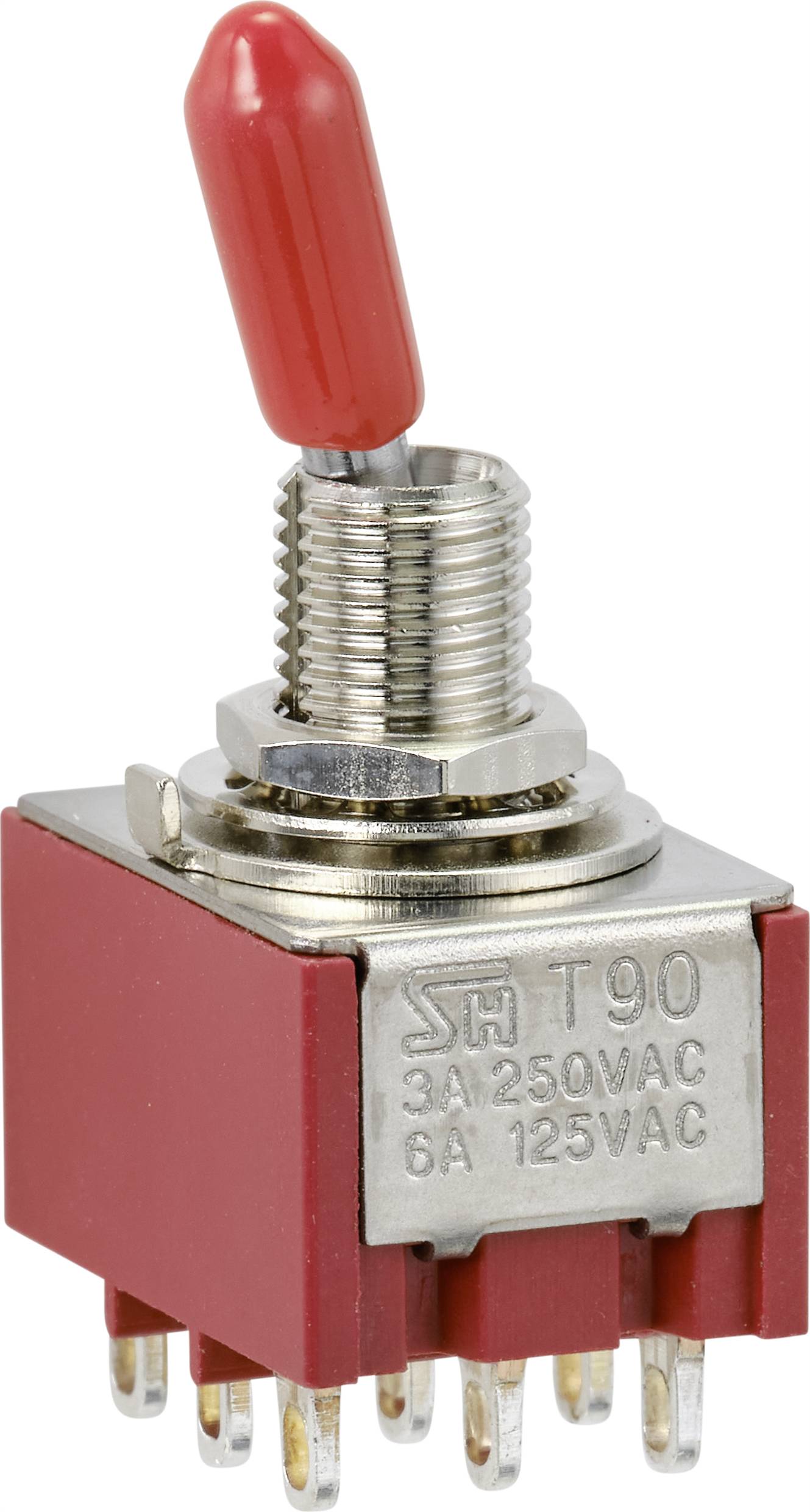 Röd vippströmbrytare med metallgänga och elektriska kontakter, märkt med '3A 250VAC, 6A 125VAC'.