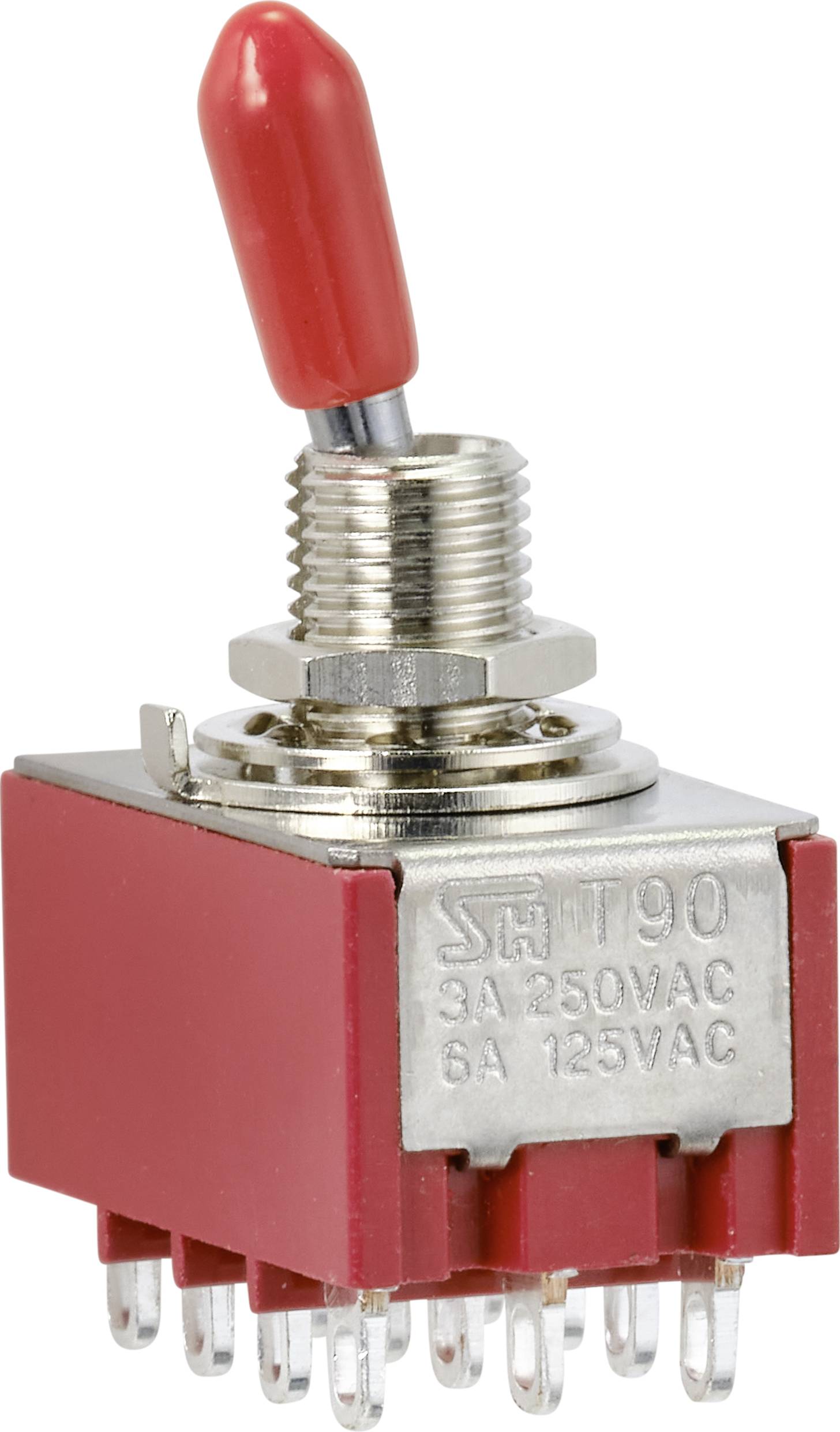 'En röd vippströmbrytare med flera anslutningsstift, lämplig för 3A 250VAC eller 6A 125VAC.'