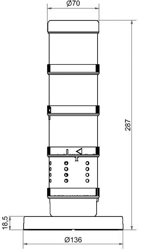 Teknisk ritning av en cylindrisk komponent med flera plan och dimensioner. Huvuddiameter 136 mm, höjd 287 mm.