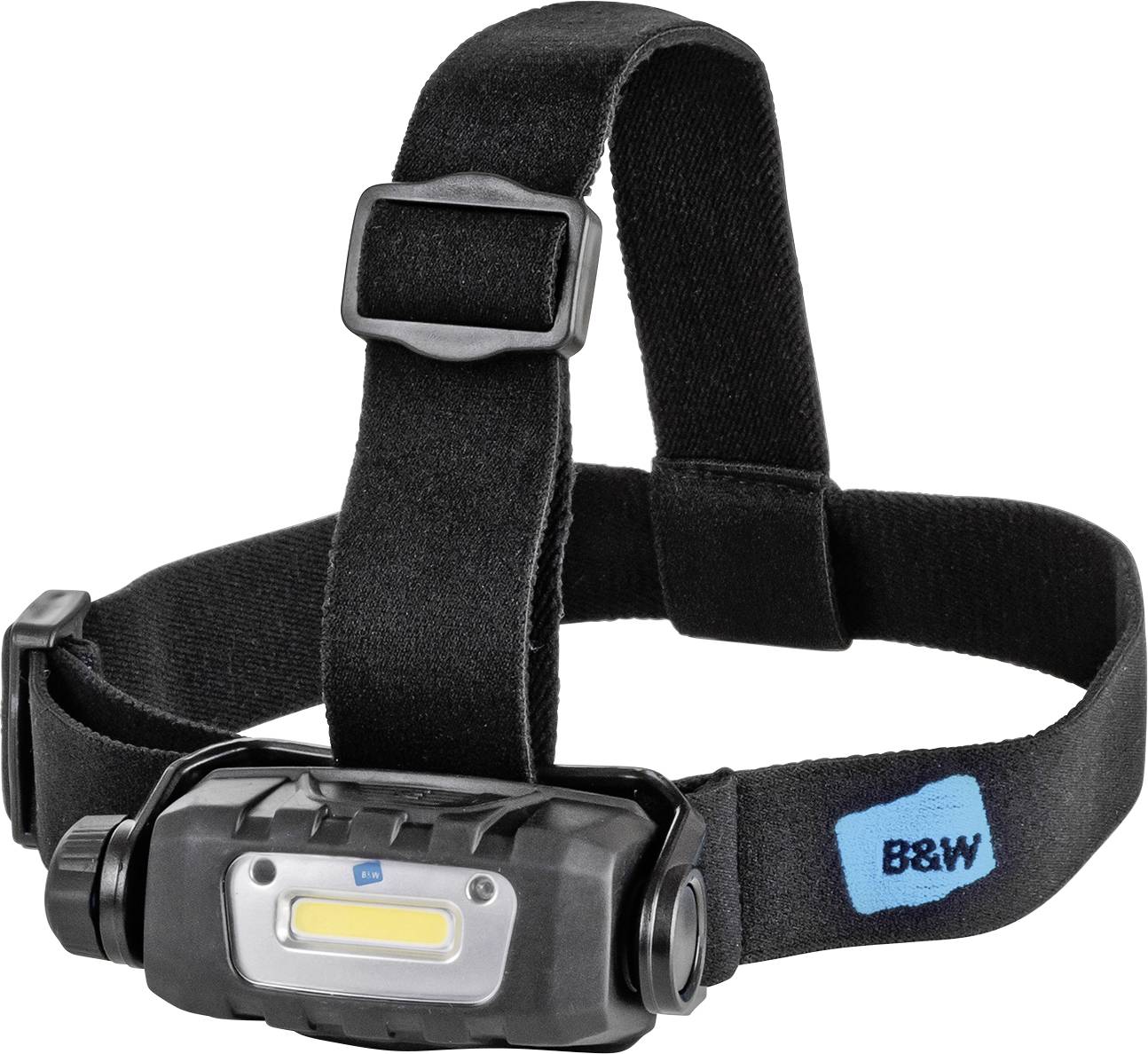 Svart pannlampa med elastiskt band, justerbart spänne och blått 'B&W'-märke på sidan. Perfekt för vandring.