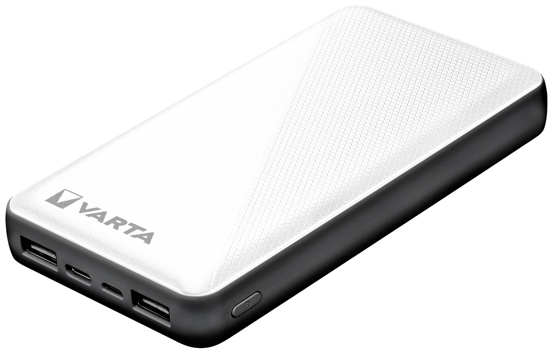 En vit powerbank med svarta kanter och två USB-portar, med varumärket 'VARTA' på ytan.