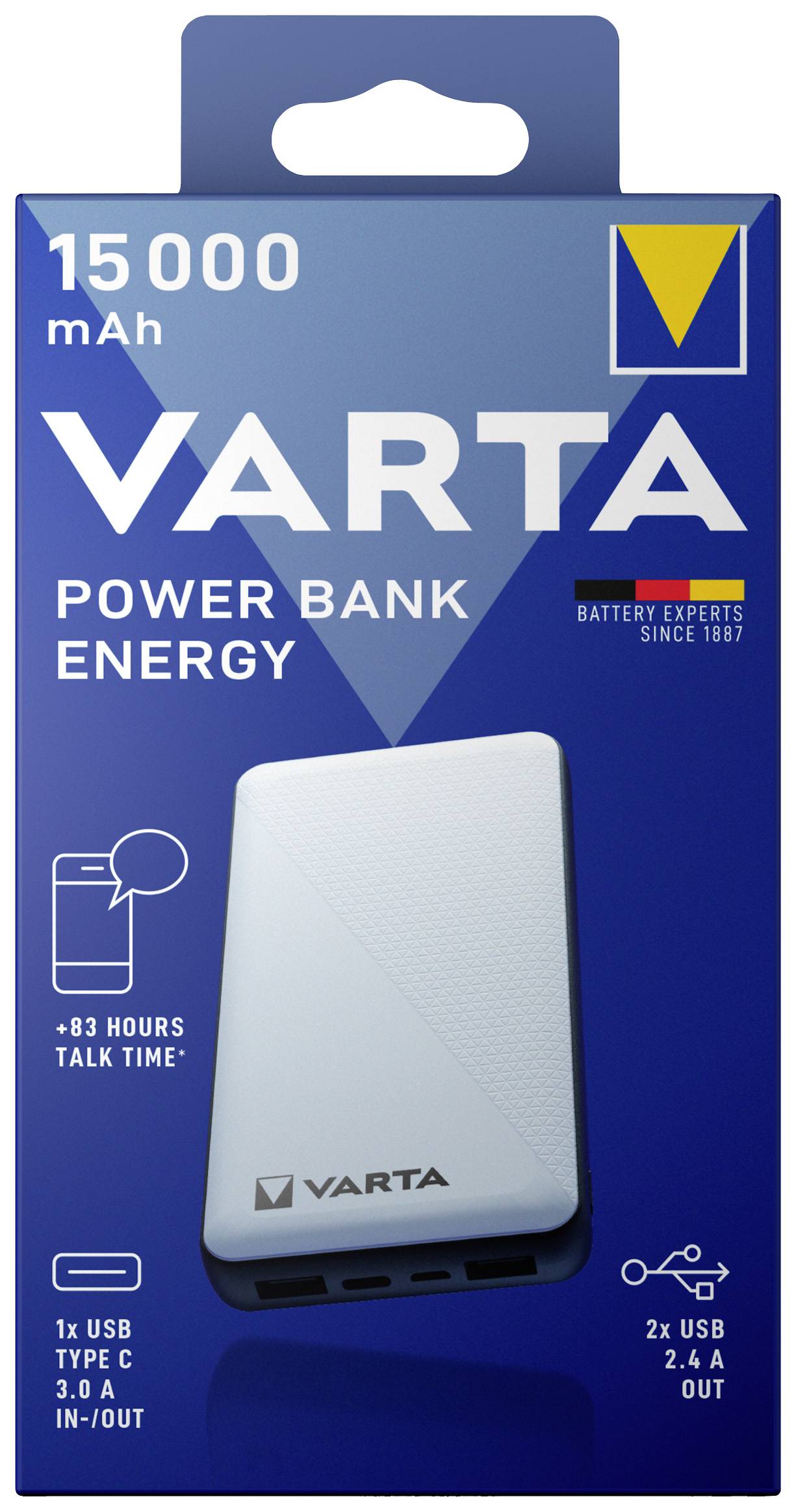 Blå förpackning till en VARTA powerbank med 15000 mAh. Lovar '*83 timmars samtalstid*'. Innehåller USB Typ-C och två USB-A-portar.