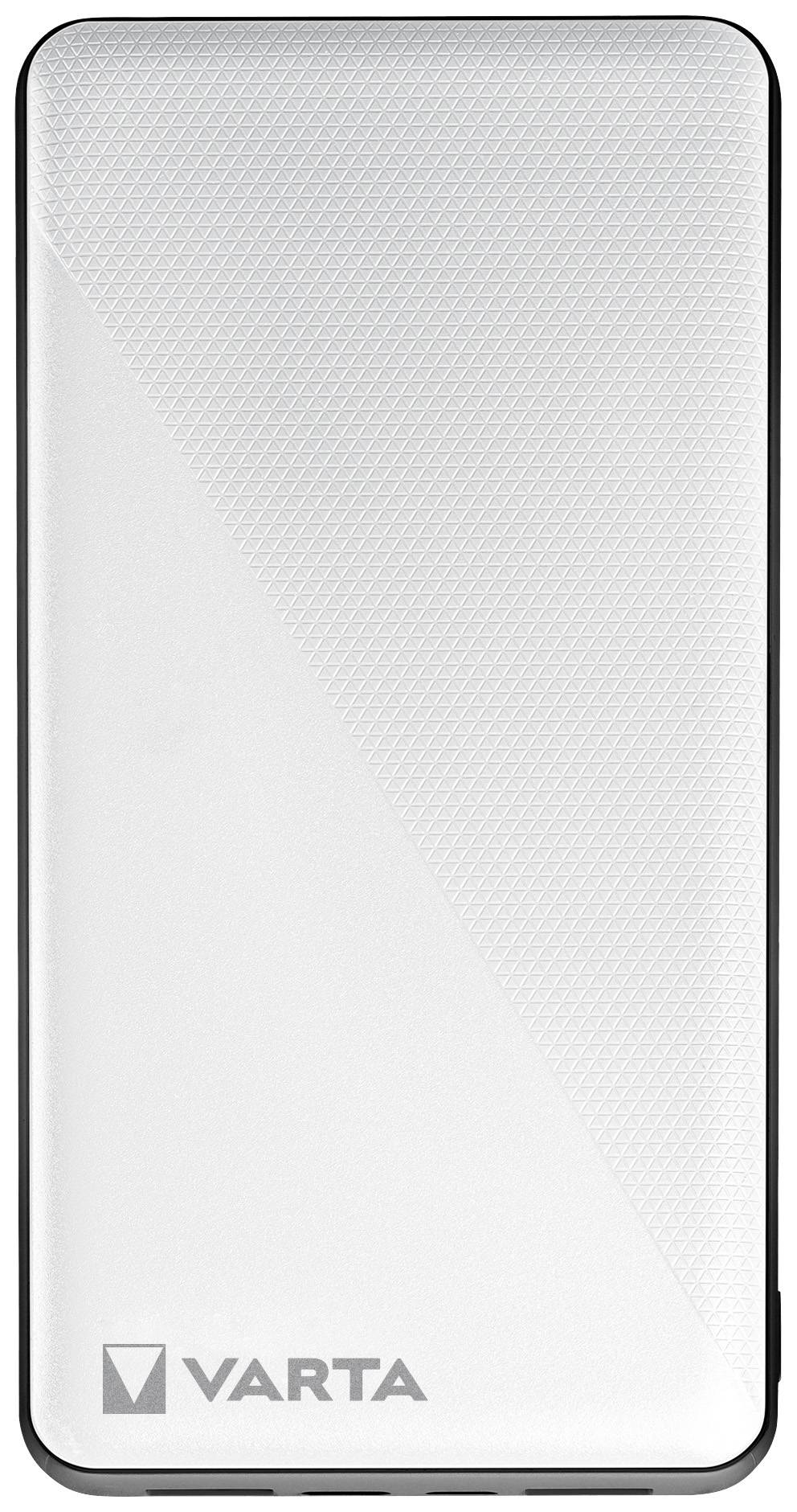 En vit powerbank med 'VARTA'-logotypen längst ner till vänster, gallertextur till höger.