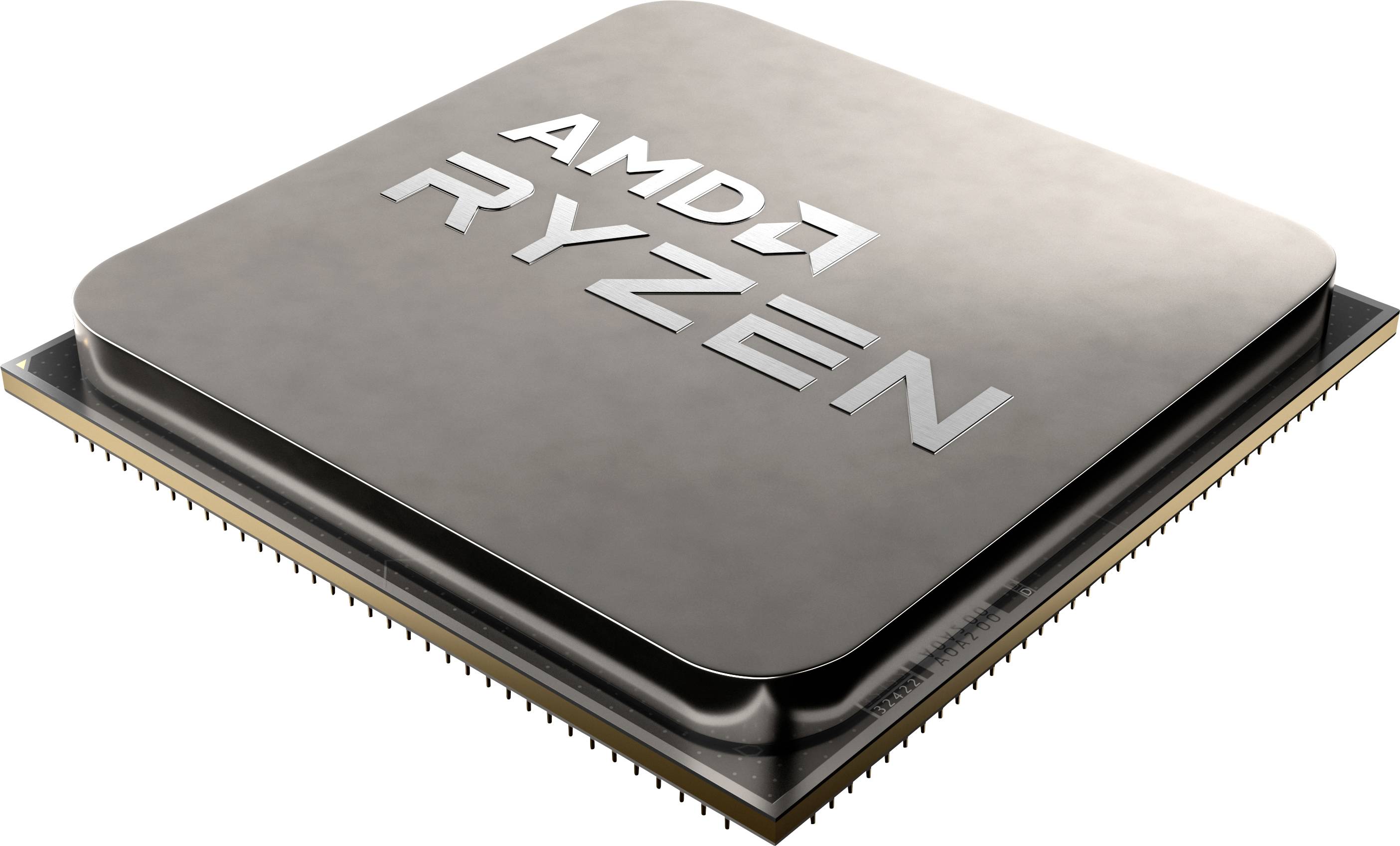 En silverfärgad AMD Ryzen-processorchip med logotypen synlig. Chipen är fyrkantig och har fina guldkontakter längs sidorna.