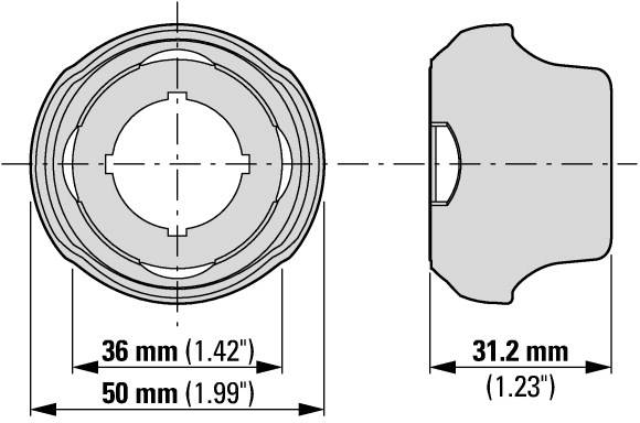 Diagram över ett ovalt objekt med måtten: bredd 36 mm (1,42 tum), längd 50 mm (1,99 tum), djup 31,2 mm (1,23 tum).