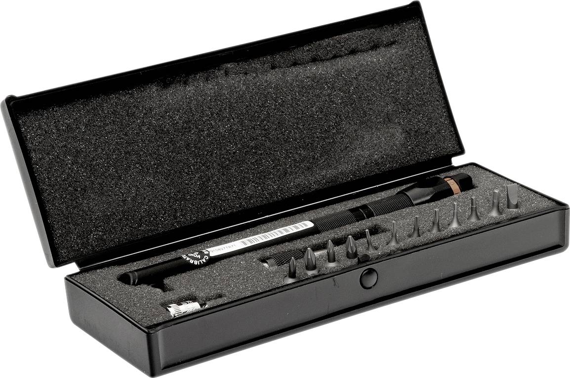 Öppet etui med skruvmejselset, olika bits och ergonomiskt handtag, avsett för elektronikreparationer.