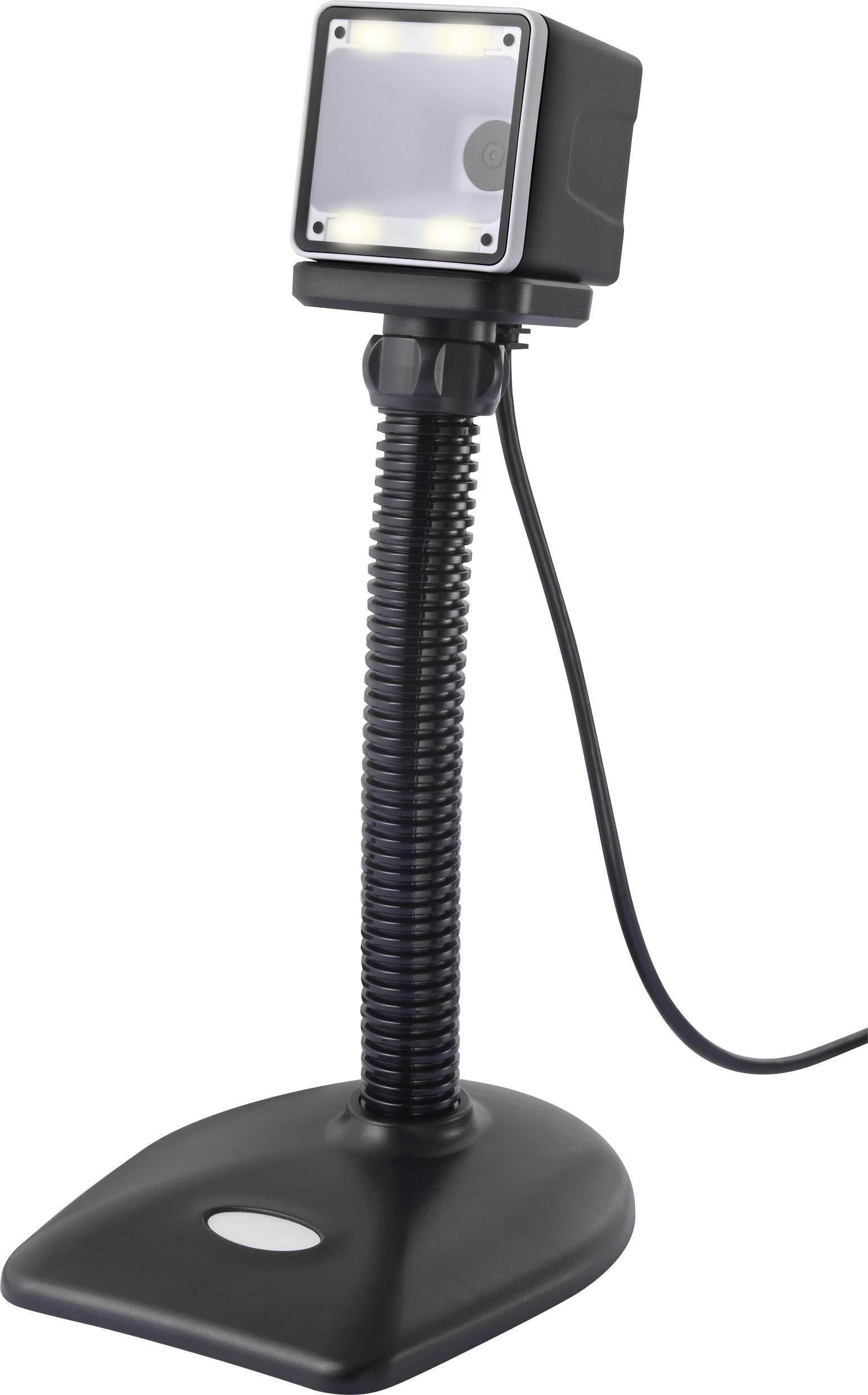 En svart streckkodsscanner står upprätt på ett flexibelt stativ.