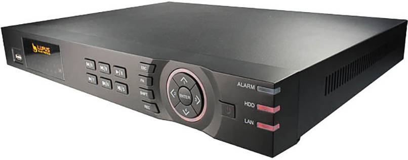 En svart videobevakningsrecorder med olika knappar, ett centralt styrkorset samt LED-indikatorer för larm, HDD och LAN.