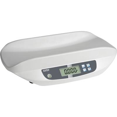 En digital babyvág med en displayvisning på '0,000'. Den har en oval vägskål och är vit med en grå kontrollpanel.