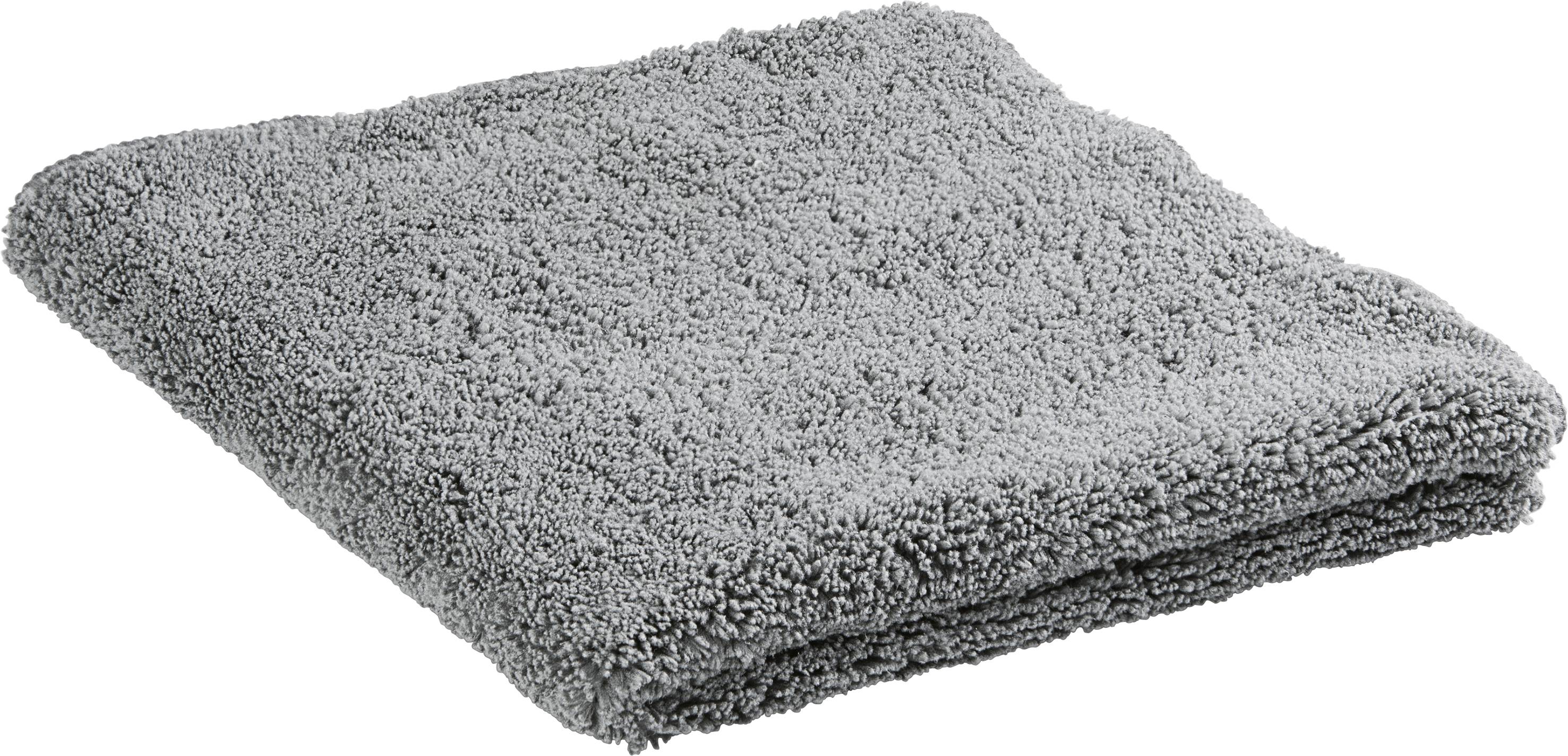 Ett grått, fyrkantigt frottéhandduk som ligger på en vit bakgrund.