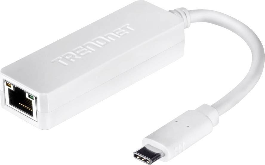 En vit USB-C till Ethernet-adapter från TRENDnet, som visar Ethernet-porten till vänster och USB-C-kabeln till höger för anslutning till enheter.