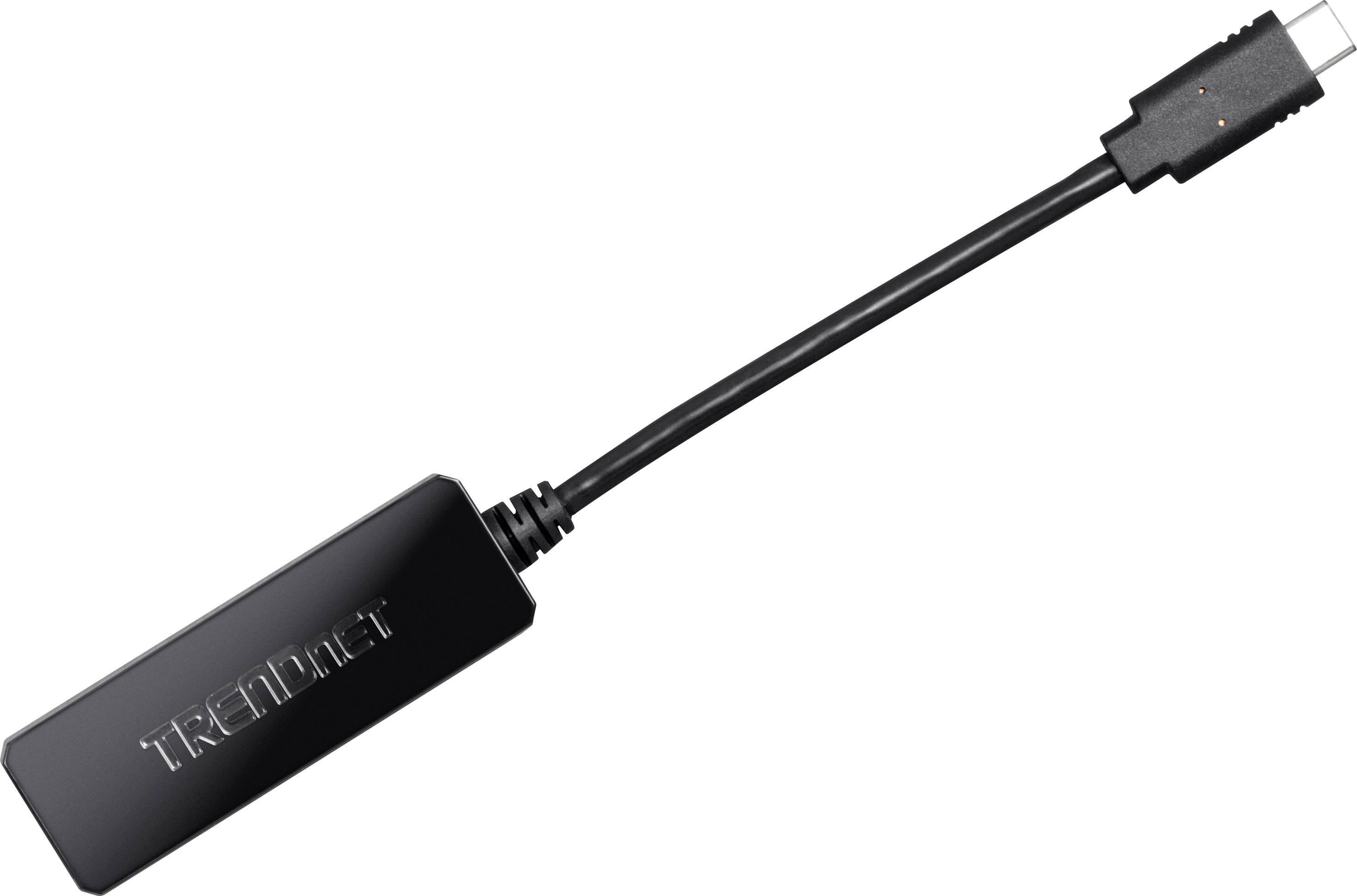 En svart USB-C-adapter märkt med 'TRENDnet'. Adaptern har en kort kabel och är lämplig för nätverksanslutningar.