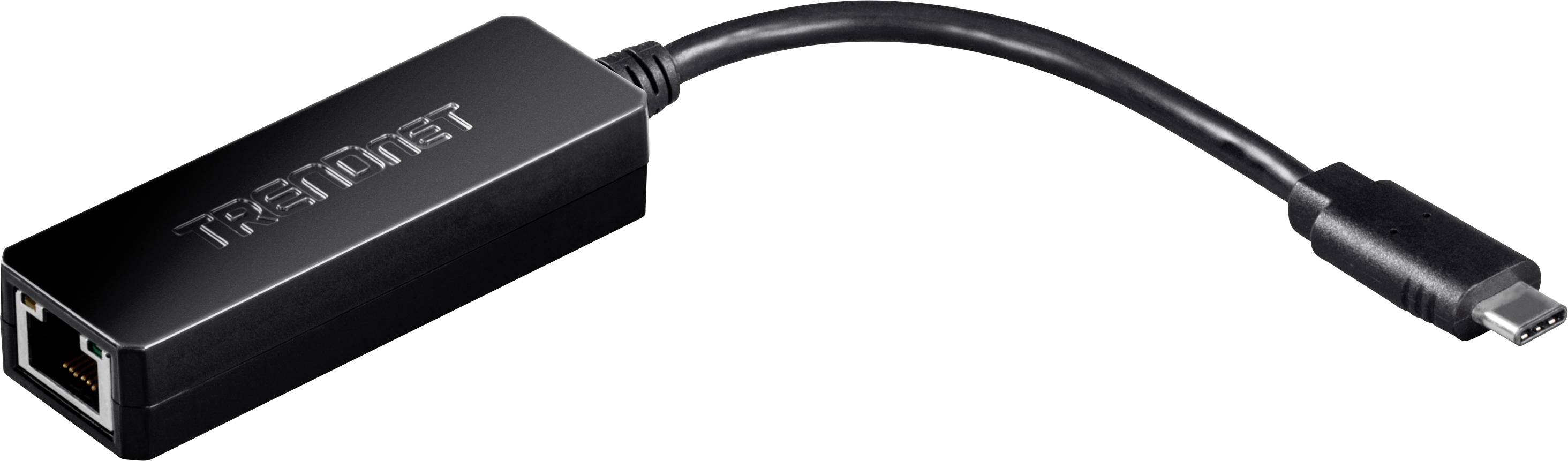 En svart USB-C till Ethernet-adapter med en kort kabel. På höljet står det 'TRENDnet'.