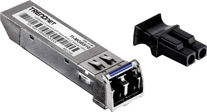 Ett SFP-modul från TRENDnet, modellnummer TEG-MGBS10, med ett svart plastklämfäste för att säkra glasfiberanslutningen.