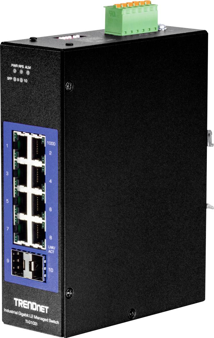 En svart, industriell nätverksswitch från TRENDnet med flera Ethernet-portar och en grön anslutningskontakt överst.