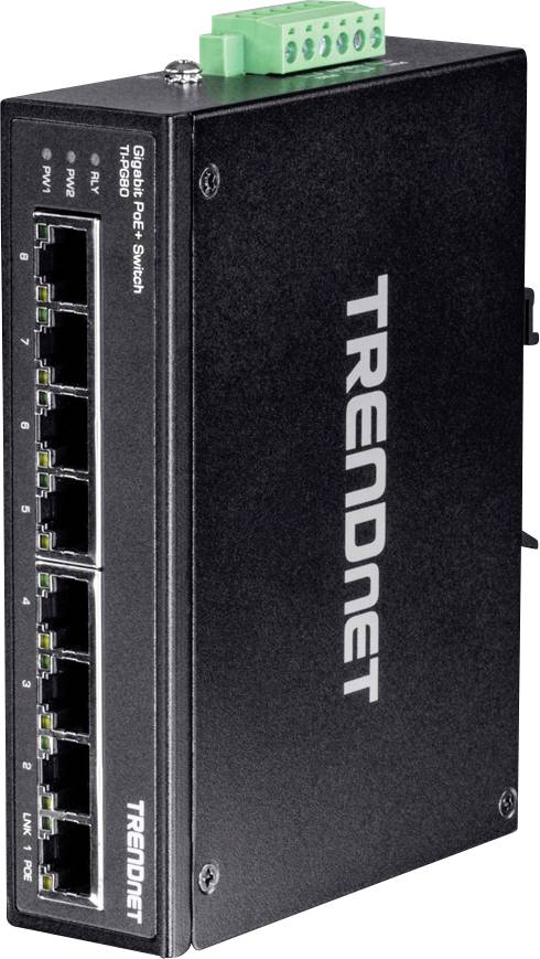 En svart TRENDnet Gigabit PoE+ switch med åtta Ethernet-portar och gröna anslutningskontakter överst. Designad för nätverksanslutningar.