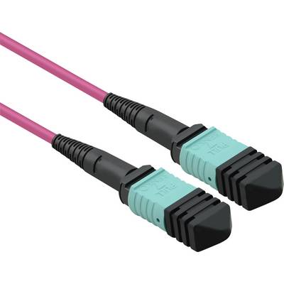 Två optiska fiberkablar med turkosa kontakter och svart yttermantel, förbundna genom rosa kablar, på vit bakgrund.