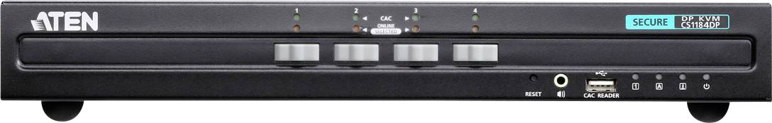 En svart ATEN KVM-switch med fyra knappar och LED-indikatorer, avsedd för säker anslutning och kontroll av flera datorer.