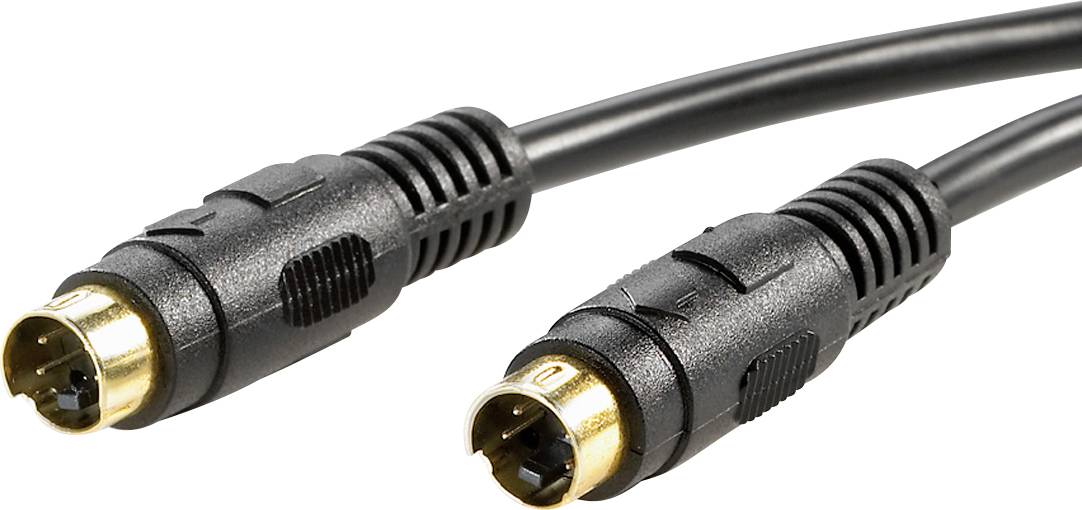 Svart S-videokabel med två kontakter, närbild. Lämplig för videoöverföringar mellan enheter.